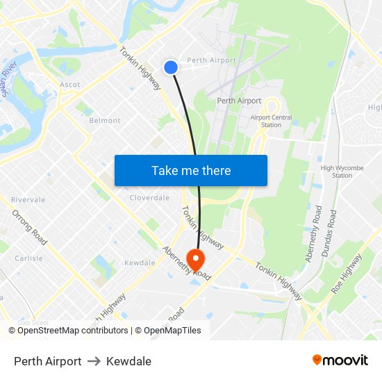 Perth Airport to Kewdale map