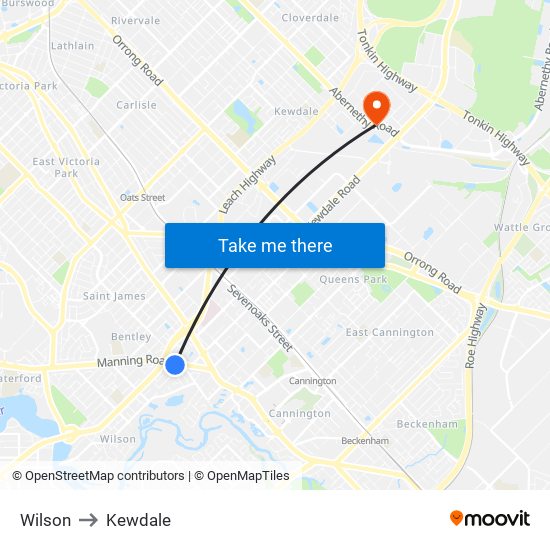 Wilson to Kewdale map