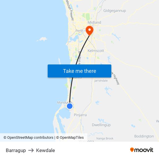 Barragup to Kewdale map