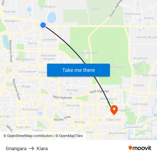 Gnangara to Kiara map