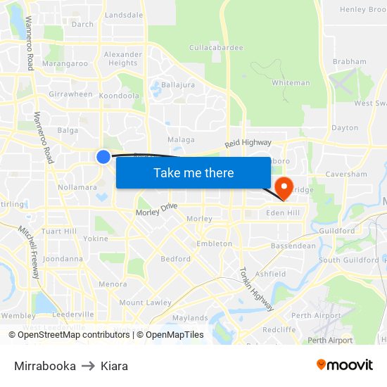 Mirrabooka to Kiara map