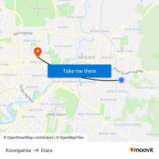 Koongamia to Kiara map