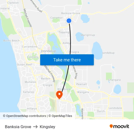 Banksia Grove to Kingsley map