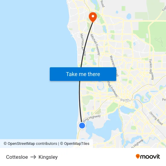 Cottesloe to Kingsley map