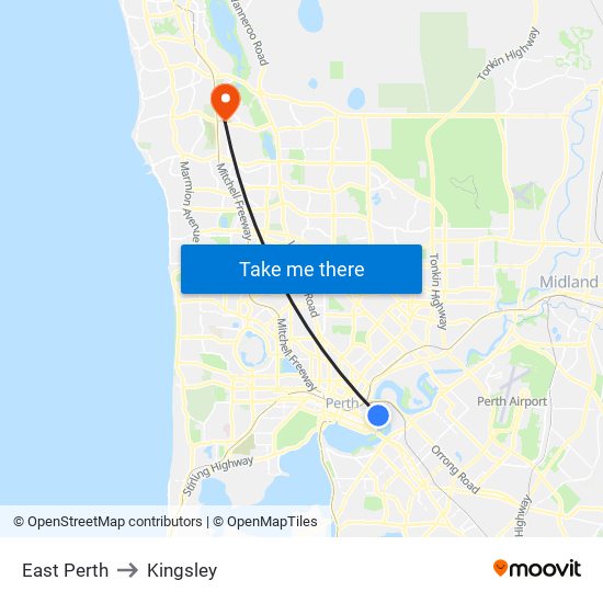 East Perth to Kingsley map