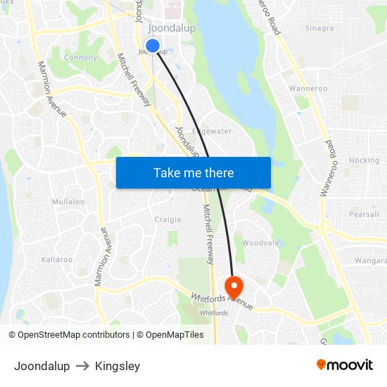 Joondalup to Kingsley map