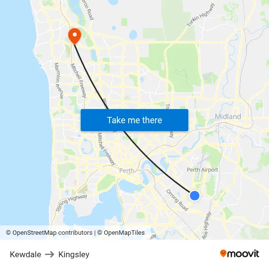Kewdale to Kingsley map