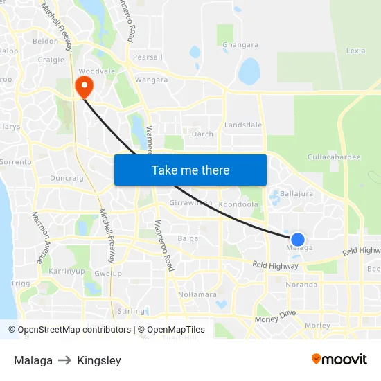 Malaga to Kingsley map