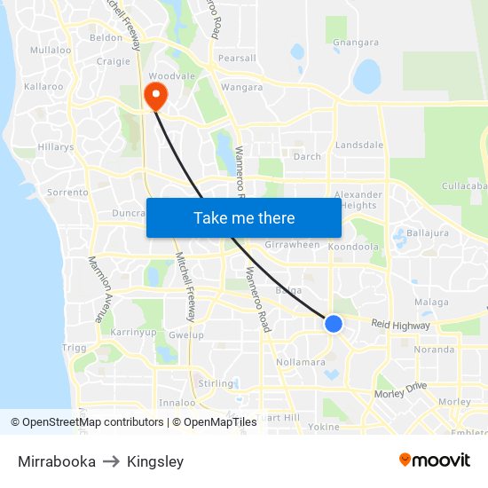 Mirrabooka to Kingsley map