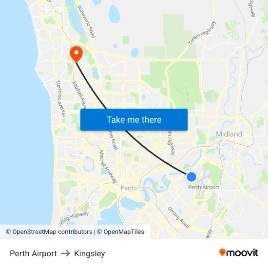 Perth Airport to Kingsley map