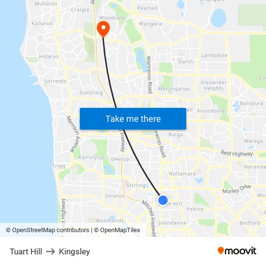 Tuart Hill to Kingsley map