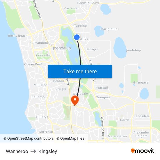 Wanneroo to Kingsley map