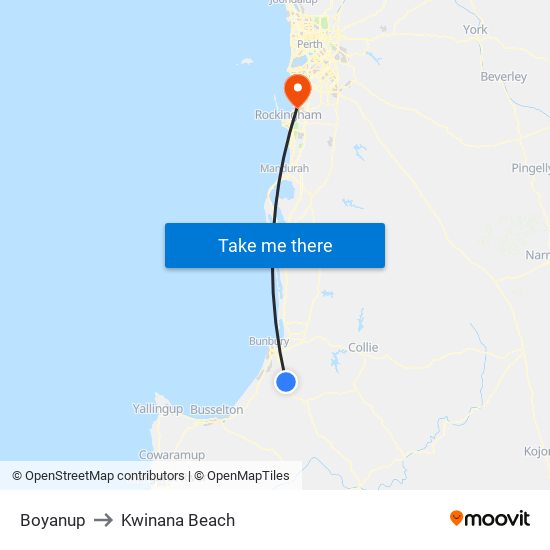 Boyanup to Kwinana Beach map