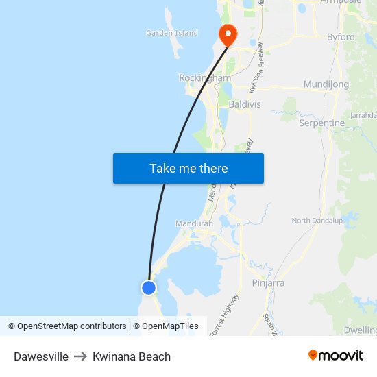 Dawesville to Kwinana Beach map