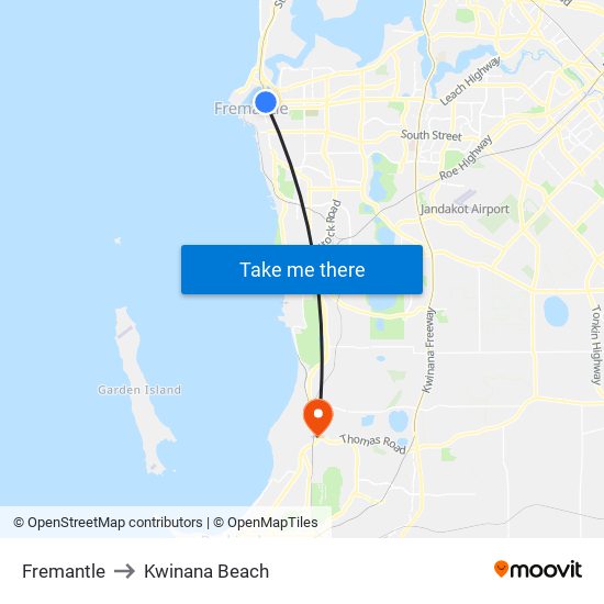 Fremantle to Kwinana Beach map