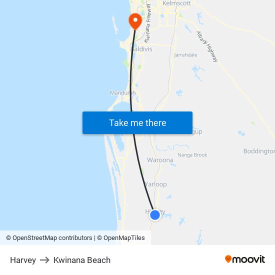 Harvey to Kwinana Beach map