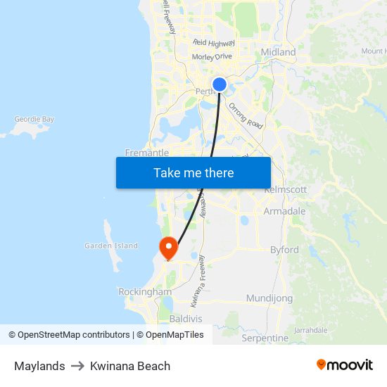 Maylands to Kwinana Beach map