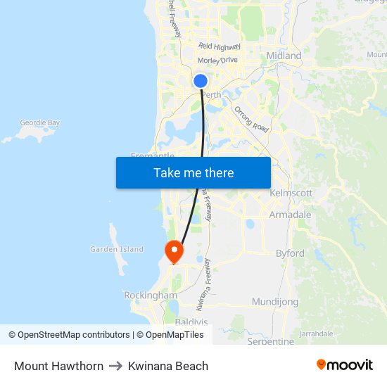 Mount Hawthorn to Kwinana Beach map
