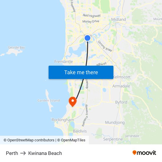 Perth to Kwinana Beach map