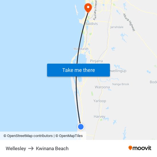 Wellesley to Kwinana Beach map