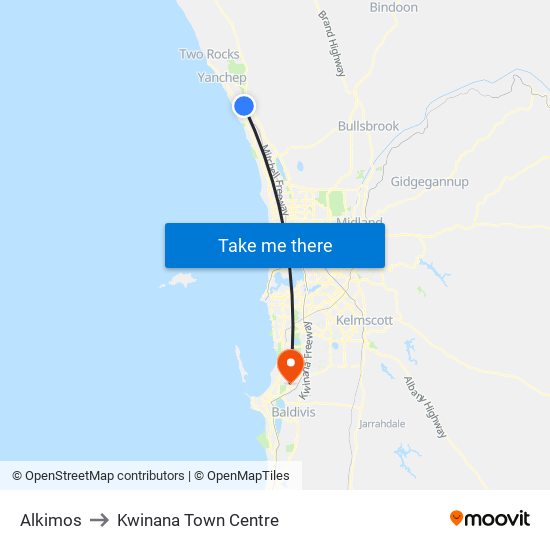 Alkimos to Kwinana Town Centre map