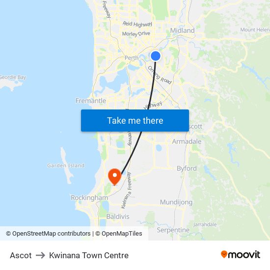 Ascot to Kwinana Town Centre map