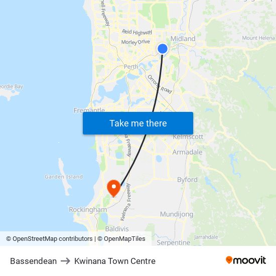 Bassendean to Kwinana Town Centre map