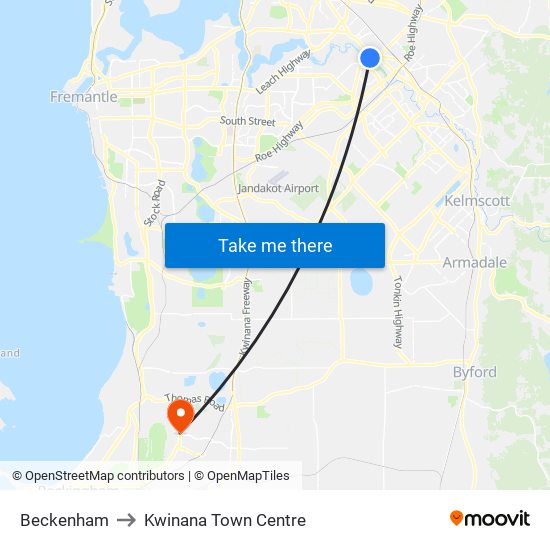 Beckenham to Kwinana Town Centre map