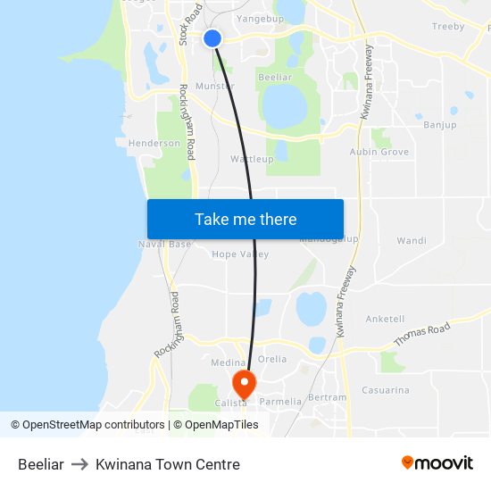 Beeliar to Kwinana Town Centre map