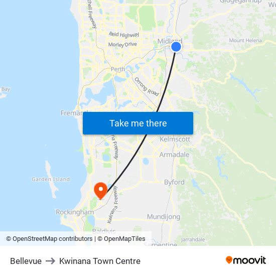 Bellevue to Kwinana Town Centre map
