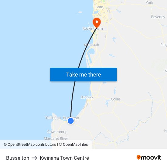 Busselton to Kwinana Town Centre map