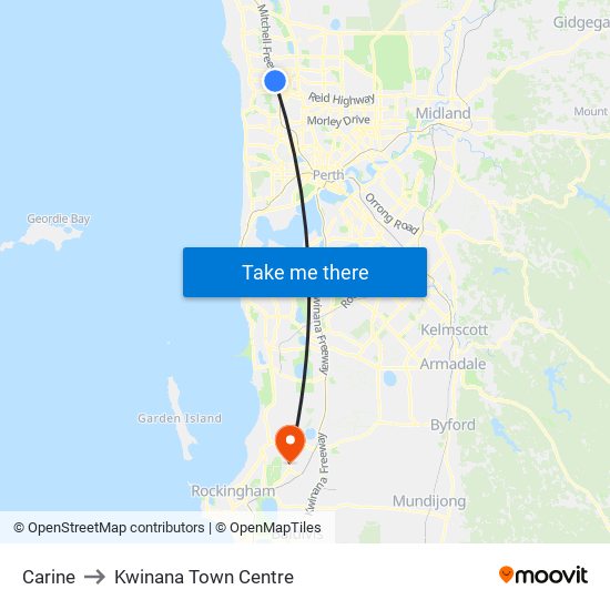 Carine to Kwinana Town Centre map