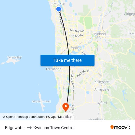Edgewater to Kwinana Town Centre map