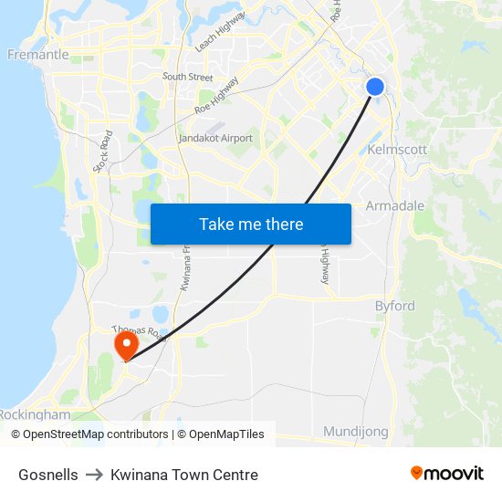 Gosnells to Kwinana Town Centre map