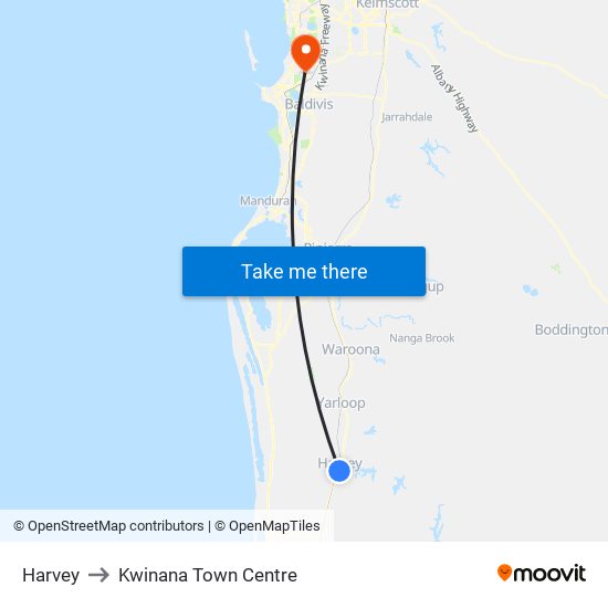 Harvey to Kwinana Town Centre map