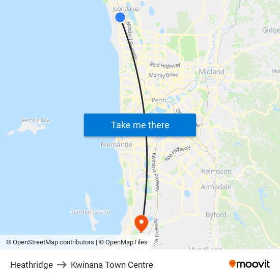 Heathridge to Kwinana Town Centre map