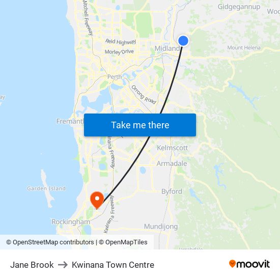 Jane Brook to Kwinana Town Centre map
