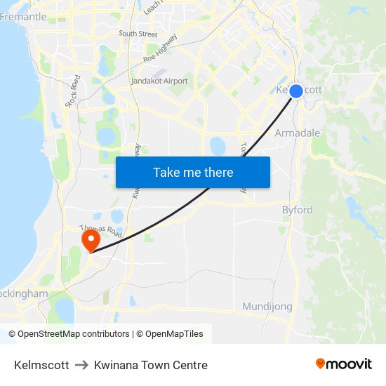 Kelmscott to Kwinana Town Centre map