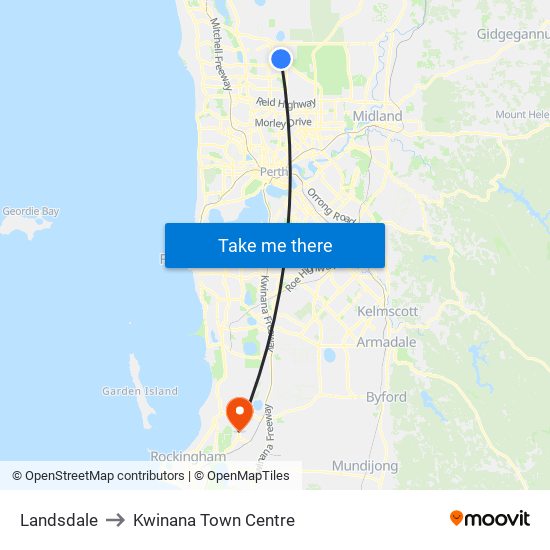 Landsdale to Kwinana Town Centre map