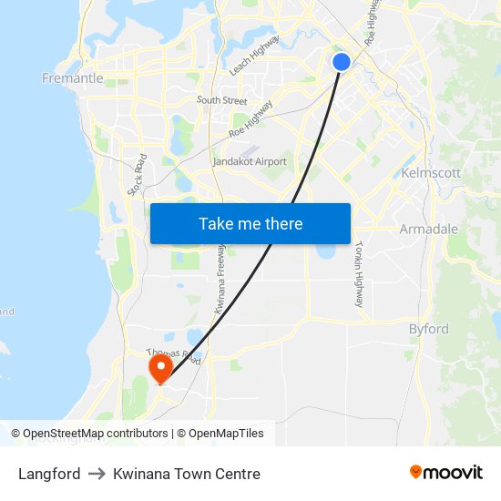 Langford to Kwinana Town Centre map