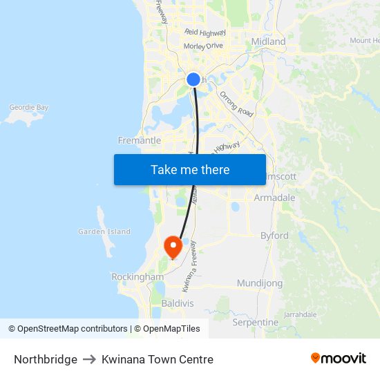 Northbridge to Kwinana Town Centre map