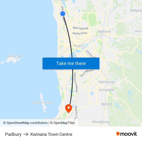 Padbury to Kwinana Town Centre map