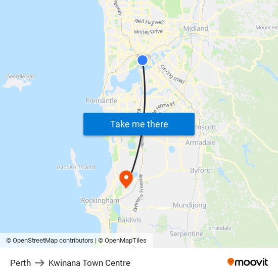 Perth to Kwinana Town Centre map