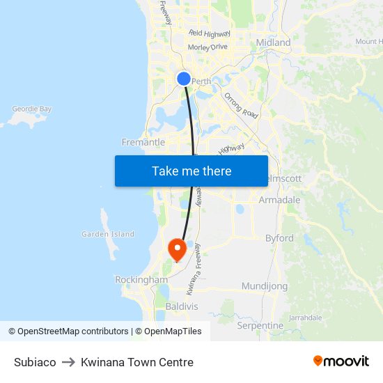 Subiaco to Kwinana Town Centre map
