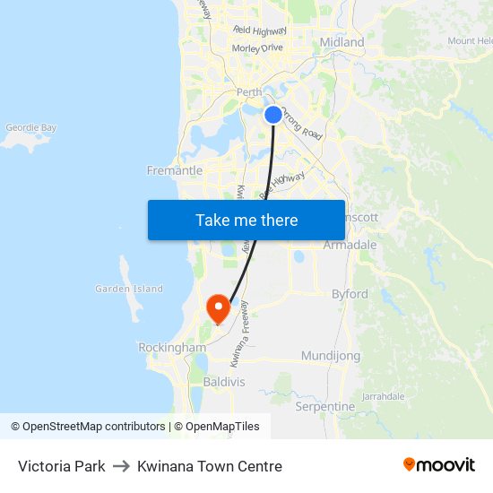 Victoria Park to Kwinana Town Centre map