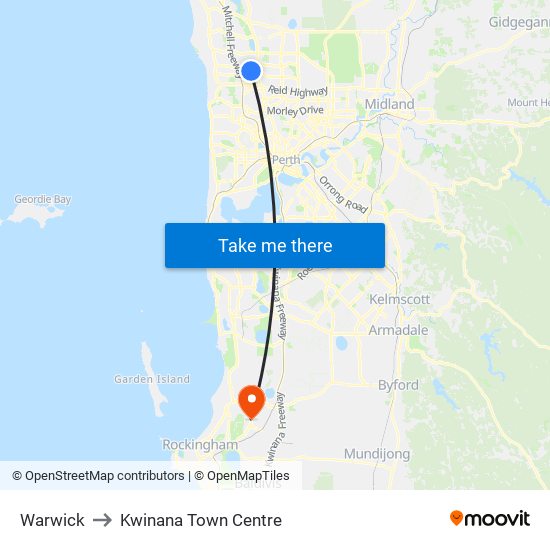 Warwick to Kwinana Town Centre map