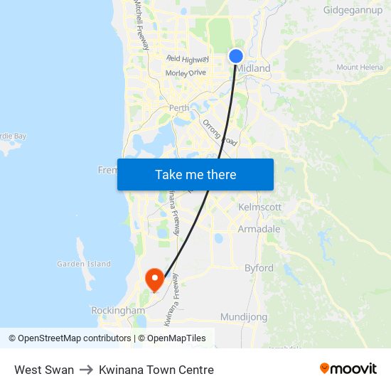 West Swan to Kwinana Town Centre map
