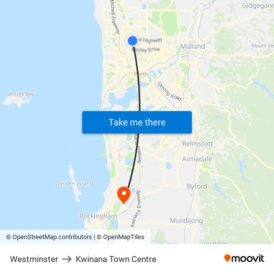 Westminster to Kwinana Town Centre map