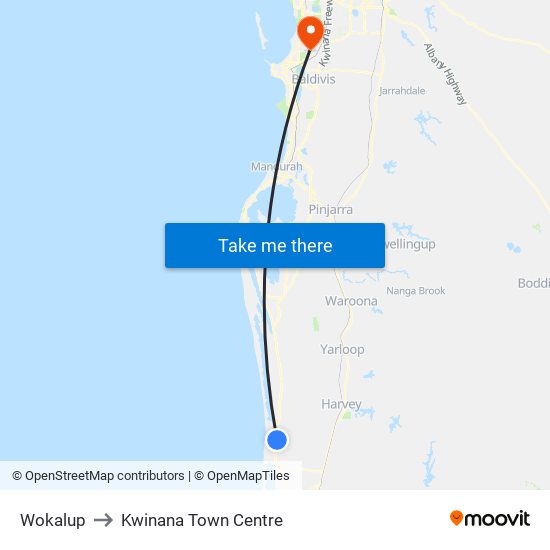 Wokalup to Kwinana Town Centre map