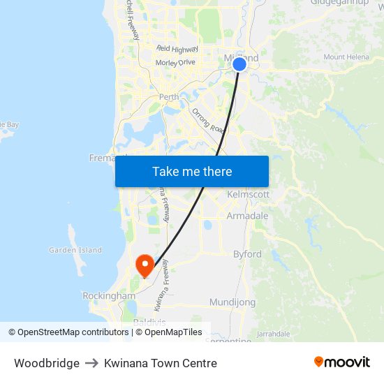 Woodbridge to Kwinana Town Centre map